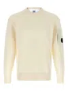 C.p. Company Men White Crewneck Sweater With Logo Plaque On The Sleeve In Wool Blend Man In Neutral