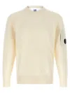C.p. Company Men White Crewneck Sweater With Logo Plaque On The Sleeve In Wool Blend Man In Neutral