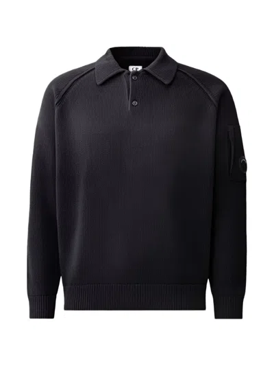C.p. Company C.p.company Lens-detail Ribbed Polo Shirt In Black