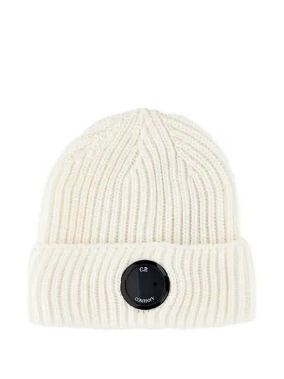C.p. Company Cp Company Lens-detail Wool Beanie With Stretch Knit Cuff In Bianco