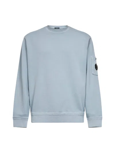 C.p. Company Light Blue Diagonal Cotton Fleece Lens Crewneck Sweatshirt