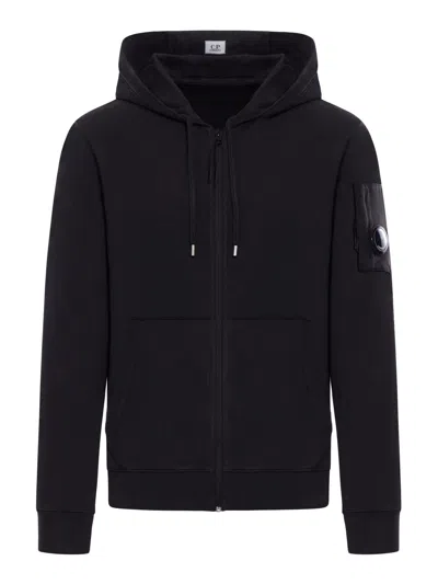 C.p. Company Light Fleece Full Zip Hooded Sweatshirt In Black