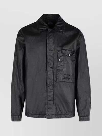 C.p. Company Linen Shirt With Chest Pocket And Collar In Black