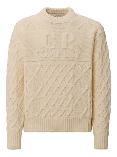 C.p. Company Logo-embroidered Cable-knit Sweater In Neutral