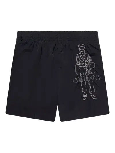 C.p. Company Ylon Swimpants With Logo Embroidery Kids In Black