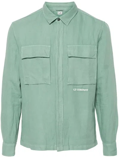 C.p. Company Logo-embroidered Long-sleeve Shirt In Green