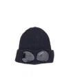 C.p. Company Cable Knit Beanie With Folded Brim And Goggle In Blue