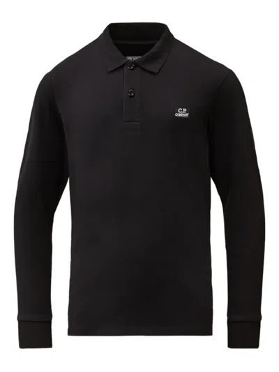 C.p. Company Logo-patch Long-sleeve Polo Shirt In Black