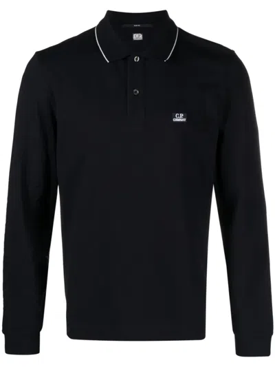 C.p. Company Logo-patch Long-sleeve Polo Shirt In Blau