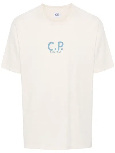 C.p. Company Men Beige T-shirt With Print On The Back In White