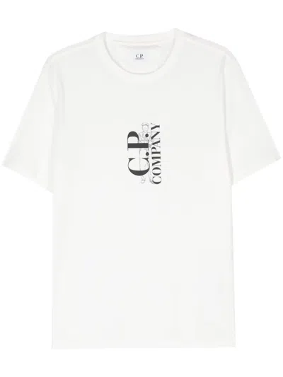 C.p. Company White T-shirt With Vertical Logo Printed On The Front In Cotton Man