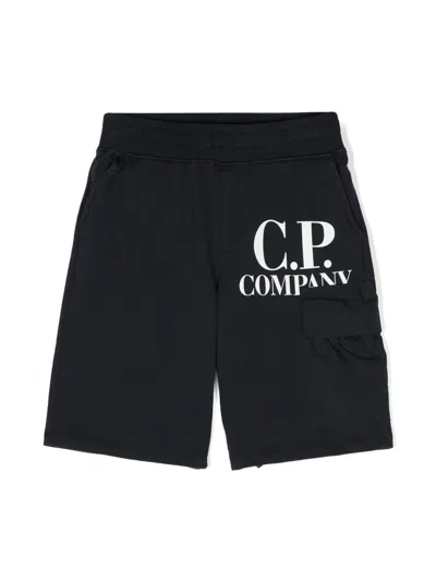 C.p. Company Kids' Logo-print Cotton Track Shorts In Blue
