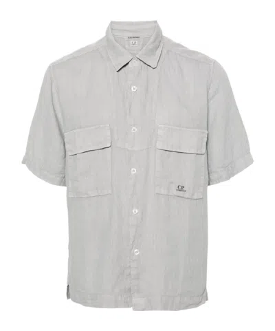 C.p. Company Logo-print Linen Shirt In White