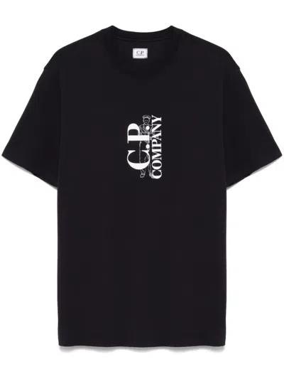 C.p. Company Black T-shirt With Vertical Logo Printed On The Front In Cotton Man