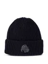 C.p. Company Blue Knit Beanie With Logo Plaque On The Front In Wool Man In Black