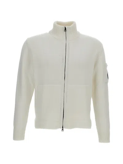C.p. Company Compact Cotton Ribbed Finishes Cardigan In White