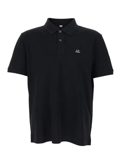 C.p. Company Black Polo Shirt With Classic Collar And Logo Lettering On The Front In Cotton Stretch Man