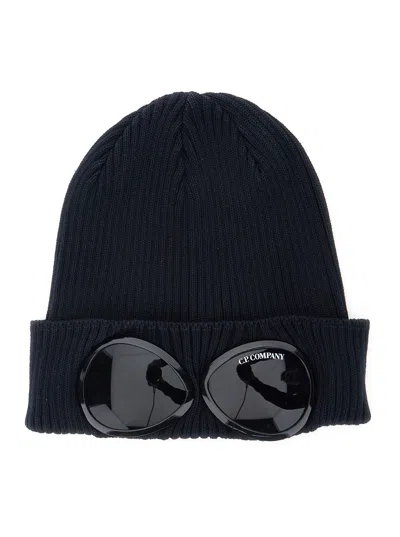 C.p. Company Men Blue Knit Beanie With Google Detail On The Front In Cotton Man In Black