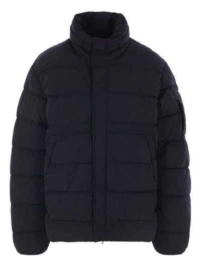 C.p. Company Men Blue Down Jacket With Fixed Hood And Logo Plaque On The Sleeve In Tech Fabric Man In Black
