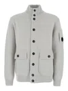 C.p. Company Grey Cardigan With High Neck And Logo Plaque On The Sleeve In Gray
