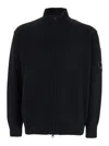 C.p. Company Black Jacket With High Neck And Logo Plaque On The Sleeve In Wool Blend Man In Black