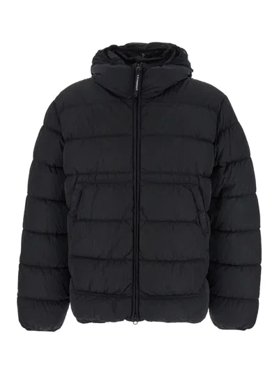 C.p. Company Men Black Down Jacket With Fixed Hood With Googles Detail In Tech Fabric Man
