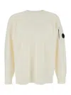 C.p. Company Men White Crewneck Sweater With Logo Plaque On The Sleeve In Wool Blend Man In White