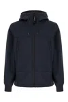 C.p. Company Blue Jacket With Drawstring Hood And Decorative Googles