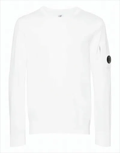 C.P. COMPANY MINIMALIST WHITE SWEATER WITH UNIQUE LENS DETAIL