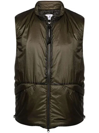 C.P. COMPANY MOSS GREEN SHELL PADDED VEST WITH HIGH NECK AND SIGNATURE LENS DETAIL FOR MEN