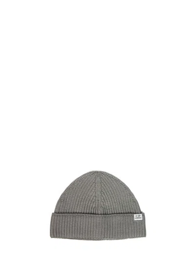 C.p. Company Mud English Rib Stitch Knit Extra-fine Merino Wool Beanie In Gray