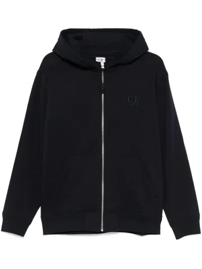 C.p. Company Navy Blue Zip-up Hoodie With Drawstring Hood And Logo In Black