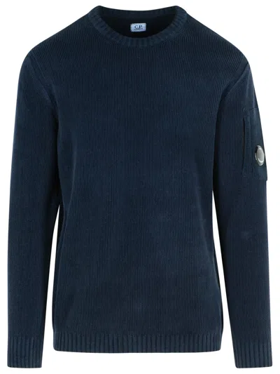 C.p. Company Patch Detail Cotton Crew Neck Sweater In Blue