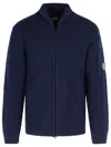 C.p. Company Ribbed Knit Zip-up Sweater With High Collar And Logo Patch In Blue