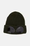 C.p. Company Green Knit Beanie With Googles Detail On The Front In Green