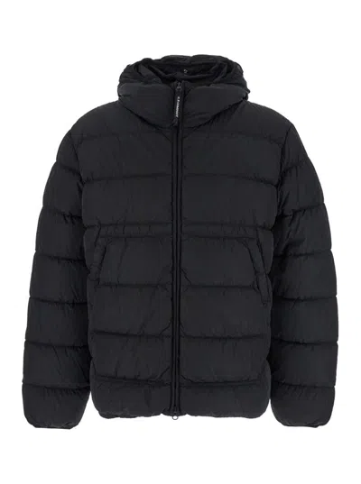 C.P. COMPANY BLACK DOWN JACKET WITH FIXED HOOD WITH GOOGLES DETAIL IN TECH FABRIC MAN