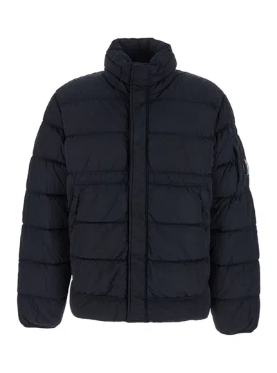 C.P. COMPANY BLUE DOWN JACKET WITH FIXED HOOD AND LOGO PLAQUE ON THE SLEEVE IN TECH FABRIC MAN