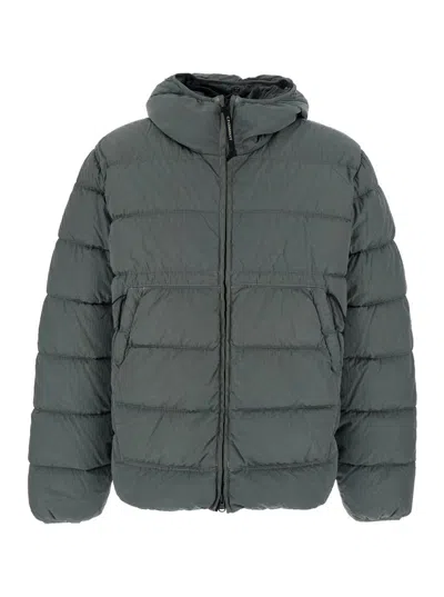 C.P. COMPANY GREY DOWN JACKET WITH FIXED HOOD WITH GOOGLES DETAIL IN TECH FABRIC MAN