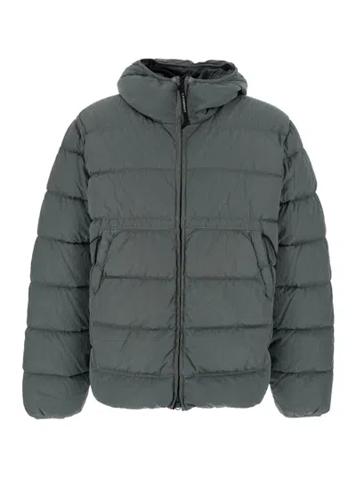 C.P. COMPANY GREY DOWN JACKET WITH FIXED HOOD WITH GOOGLES DETAIL IN TECH FABRIC MAN