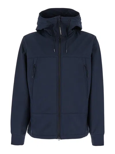 C.P. COMPANY C.P. COMPANY MEN BLUE JACKET WITH DRAWSTRING HOOD AND DECORATIVE GOOGLES IN TECH FABRIC MAN