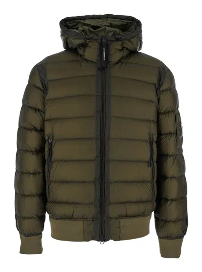 C.p. Company Men Green Down Jacket With Fixed Hood And Goggle Detail In Tech Fabric Man In Multi