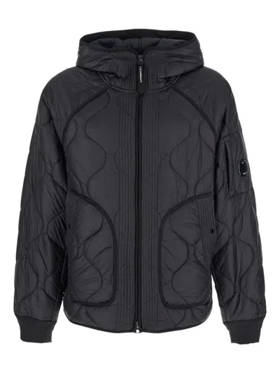 C.p. Company Black Jacket With Fixed Hood And Logo Plaque On The Sleeve