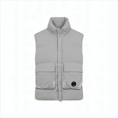C.P. COMPANY PADDED GREY VEST WITH HIGH STAND COLLAR AND SNAP-BUTTON PLACKET