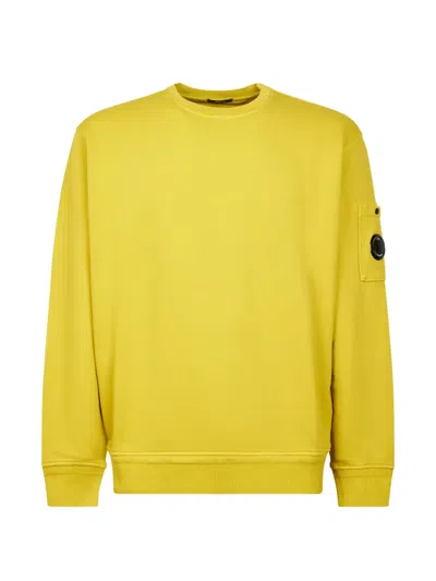 C.p. Company Cotton Diagonal Fleece Crewneck Sweatshirt With Lens Detail In Yellow