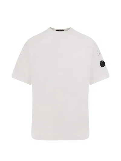 C.p. Company Men White Crewneck T-shirt With Google Plaque On The Sleeve In Cotton Man