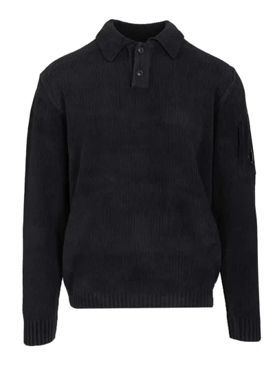 C.p. Company Polo Collar In Chenille Cotton Knitwear Blue In Black