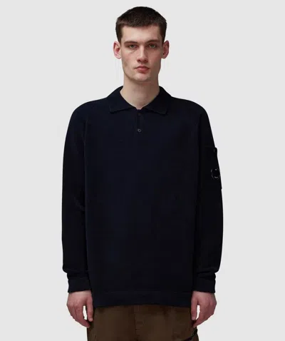 C.p. Company Chenille Cotton Knit Polo Shirt In Black