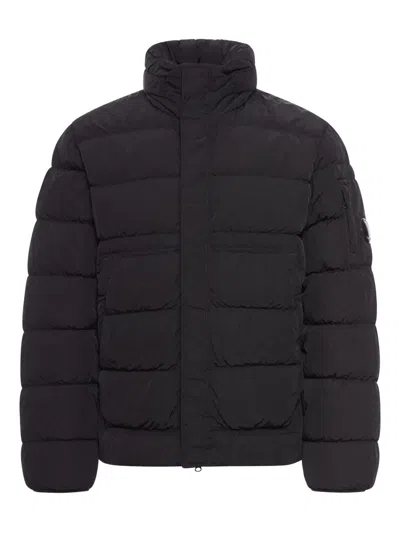 C.p. Company Black Down Jacket With Fixed Hood And Logo Plaque On The Sleeve