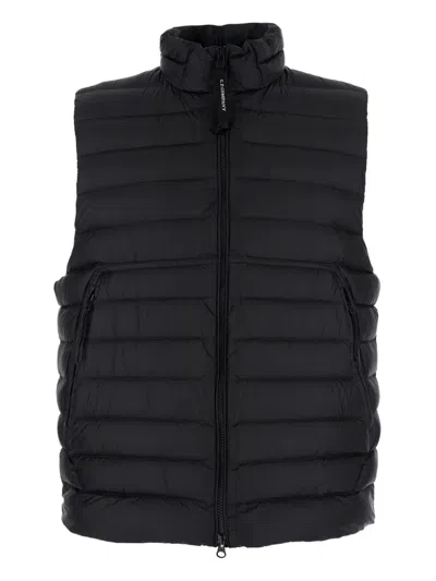 C.p. Company Black Vest With Mock Neck And Logo Plaque On The Side