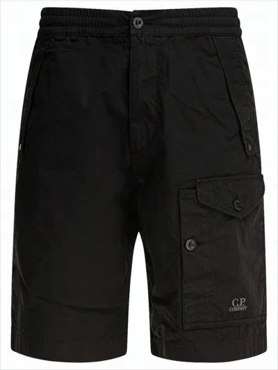 C.p. Company Relaxed Fit Black Shorts With Button Closure
